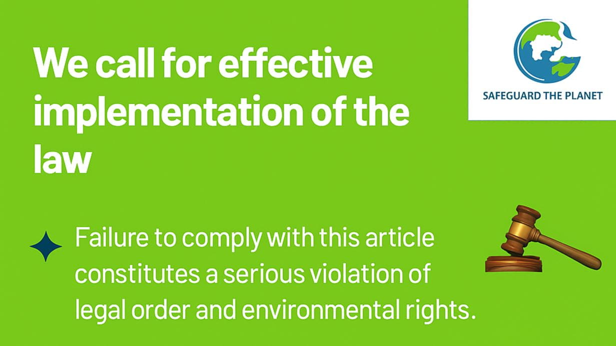 Graphic calling for effective law implementation to protect environmental rights, with a gavel and logo.