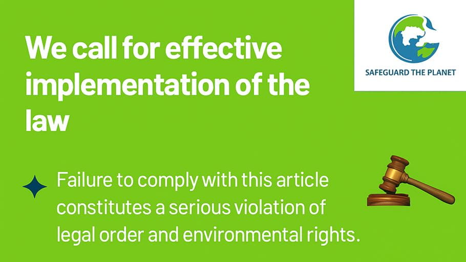 Graphic calling for effective law implementation to protect environmental rights, with a gavel and logo.