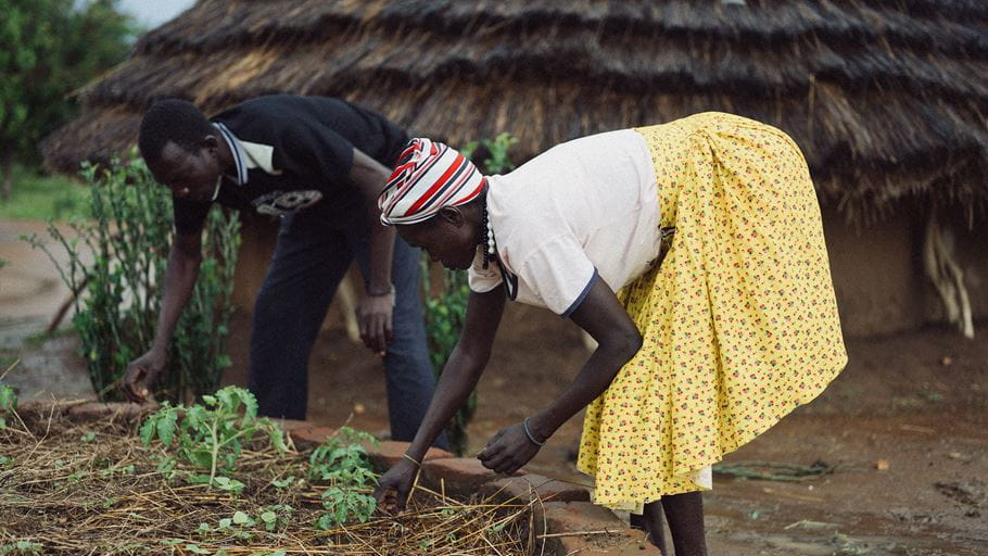 Two people, a man and a woman, tend to plants in an outdoor garden bed, with a thatched building visible in the background.