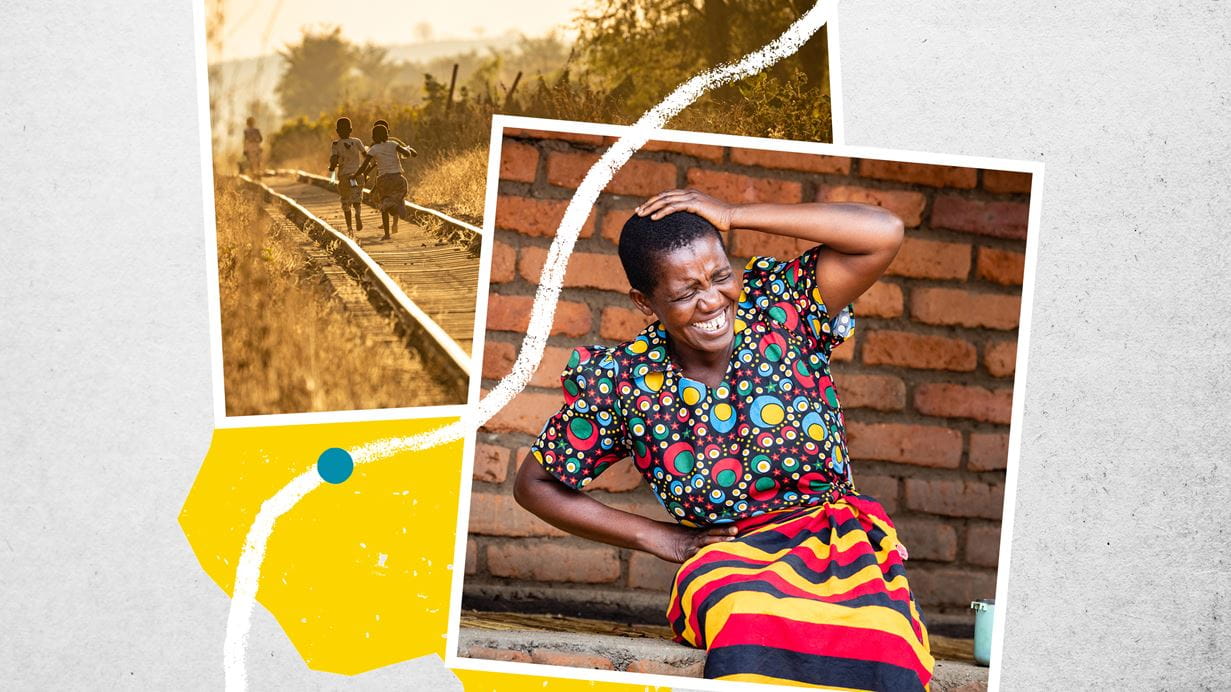 Two images. One of children running along a railway track. The other showing a woman outside laughing.